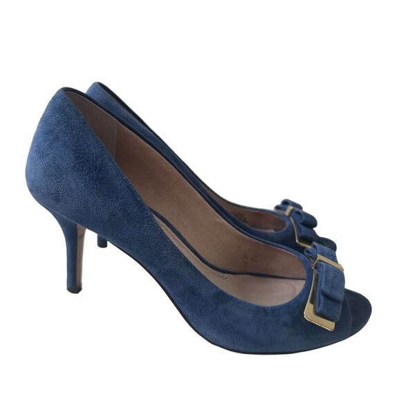 LOUISE ET CIE Blue Suede Bow Heels size 37.5/7.5 - Picture 2 of 9